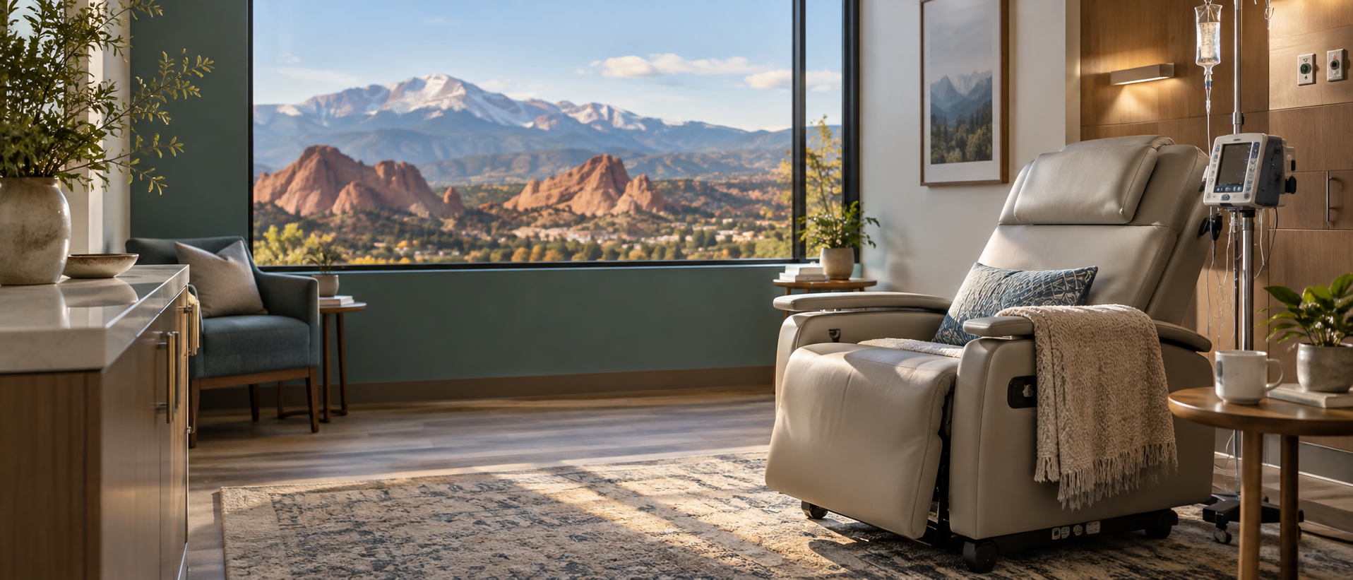 A calm, modern ketamine infusion room with a view of Colorado Springs mountains